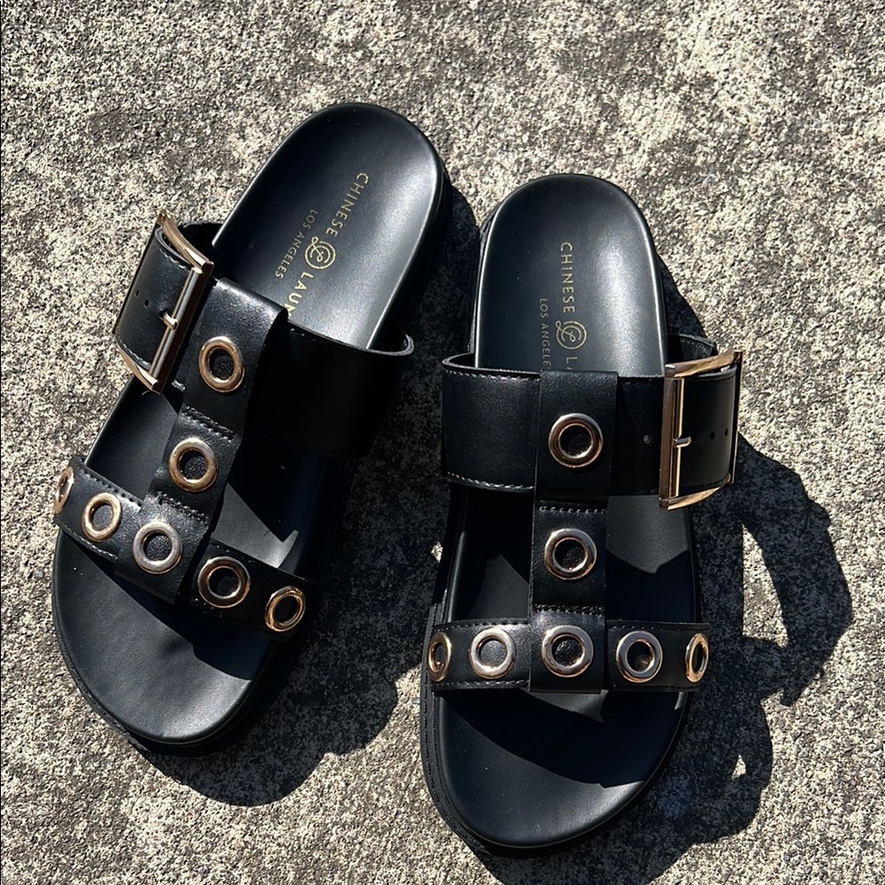 Chinese Laundry Black Sandals with Gold Accents